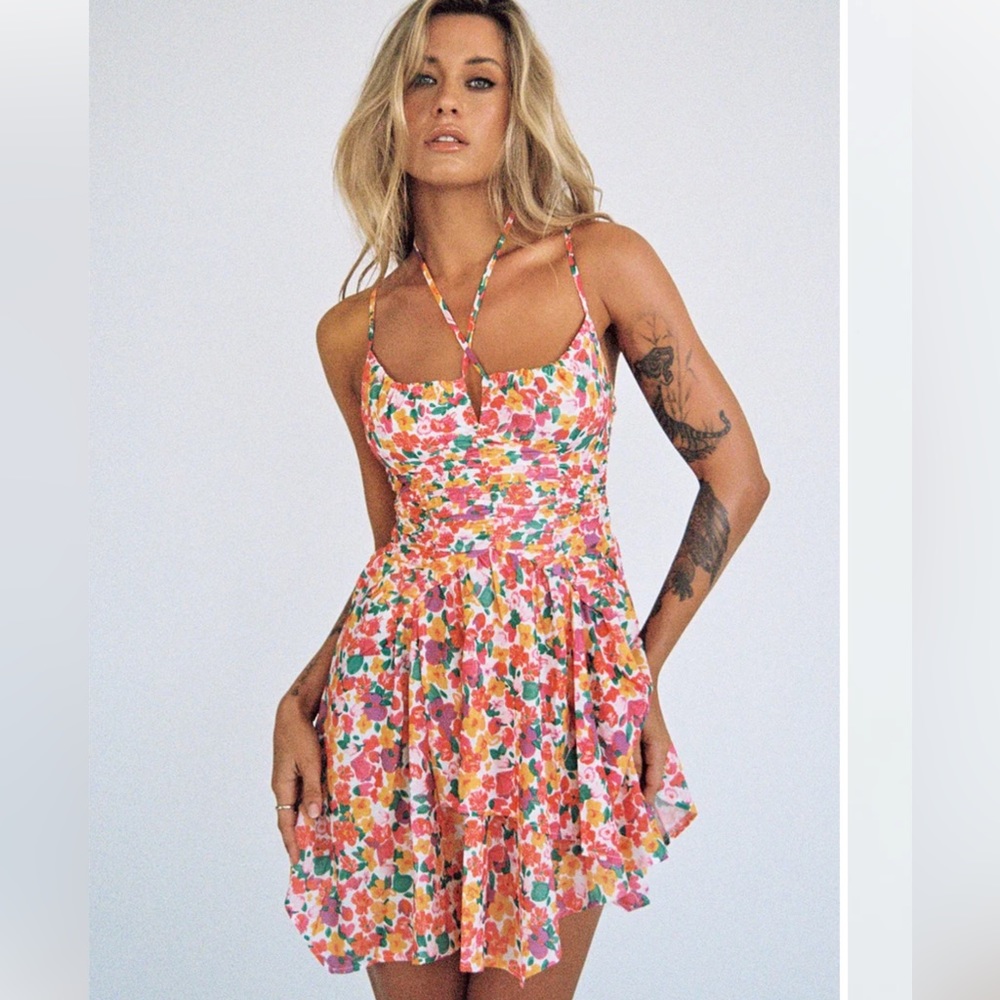 Princess Polly Floral Mini Dress in Pink, Orange, Green